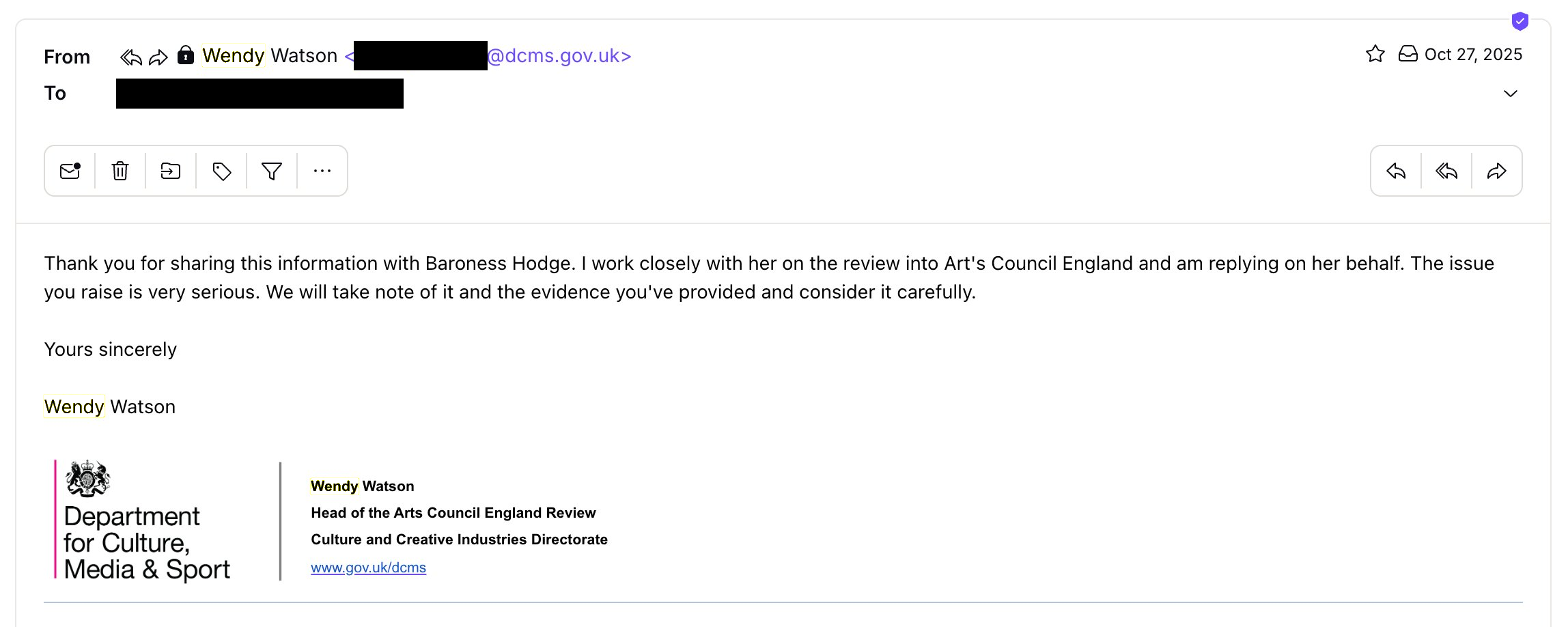 Email from Wendy Watson, Head of the Arts Council England Review at DCMS, dated 27 October 2025, replying on behalf of Baroness Hodge's review team.