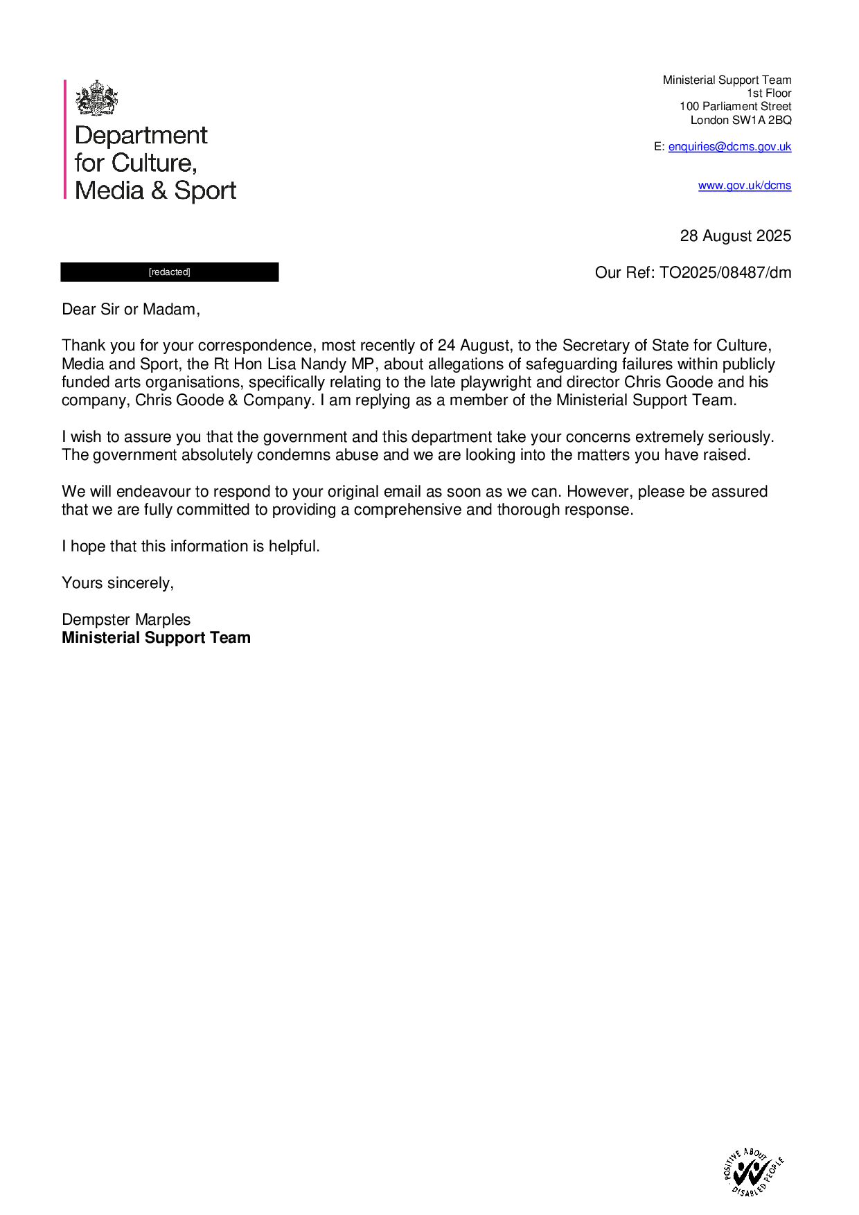 Page 1 of 1 — letter from Dempster Marples, Ministerial Support Team dated 28 August 2025