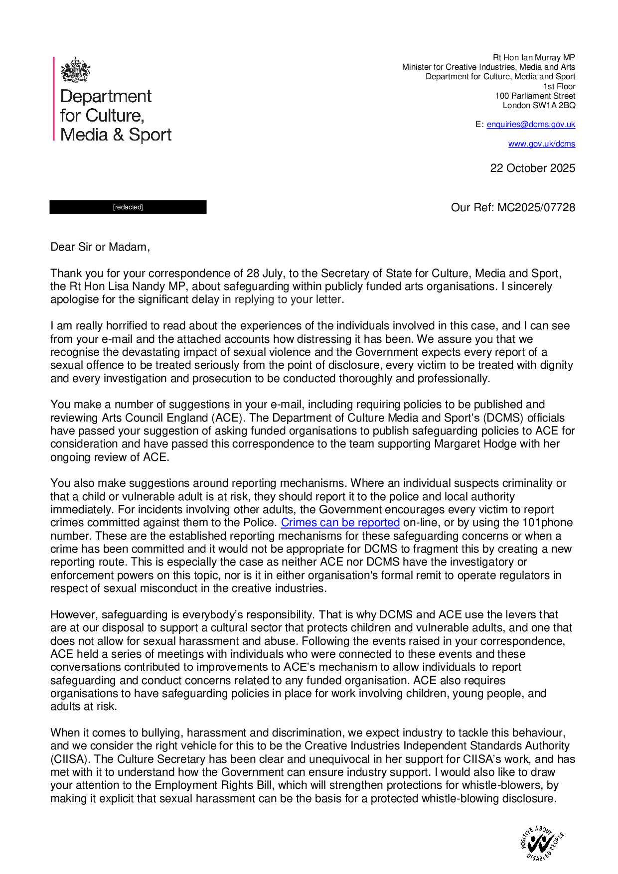 Page 1 of 3 — letter from Rt Hon Ian Murray MP, Minister for Creative Industries, Media and Arts dated 22 October 2025