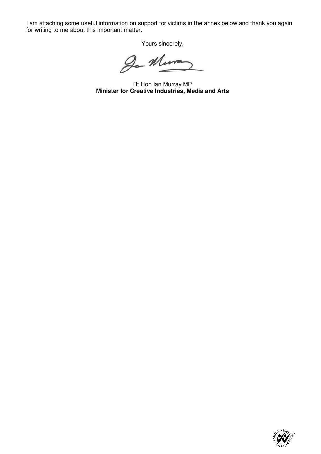 Page 2 of 3 — letter from Rt Hon Ian Murray MP, Minister for Creative Industries, Media and Arts dated 22 October 2025
