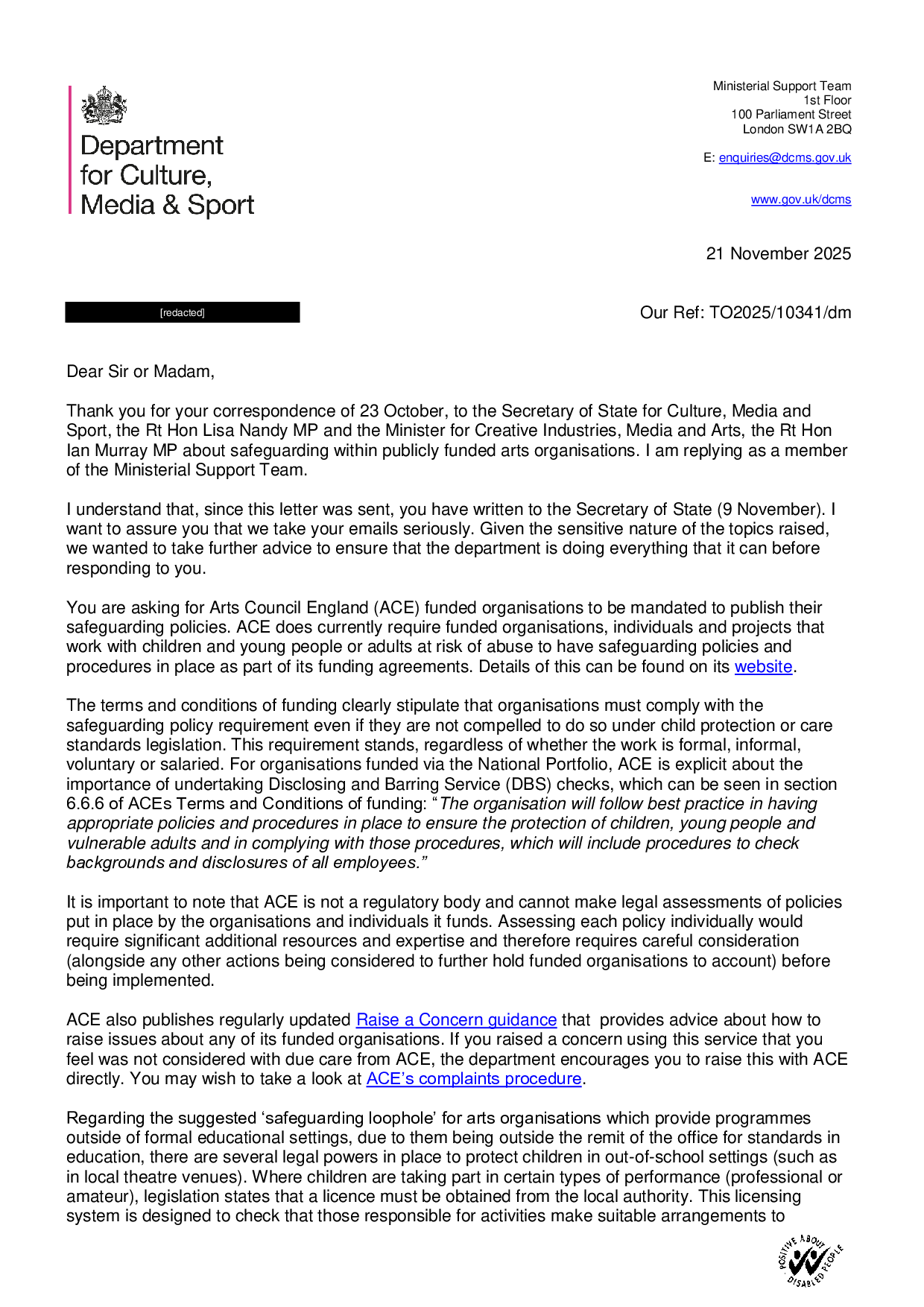 Page 1 of 2 — letter from Dempster Marples, Ministerial Support Team dated 21 November 2025