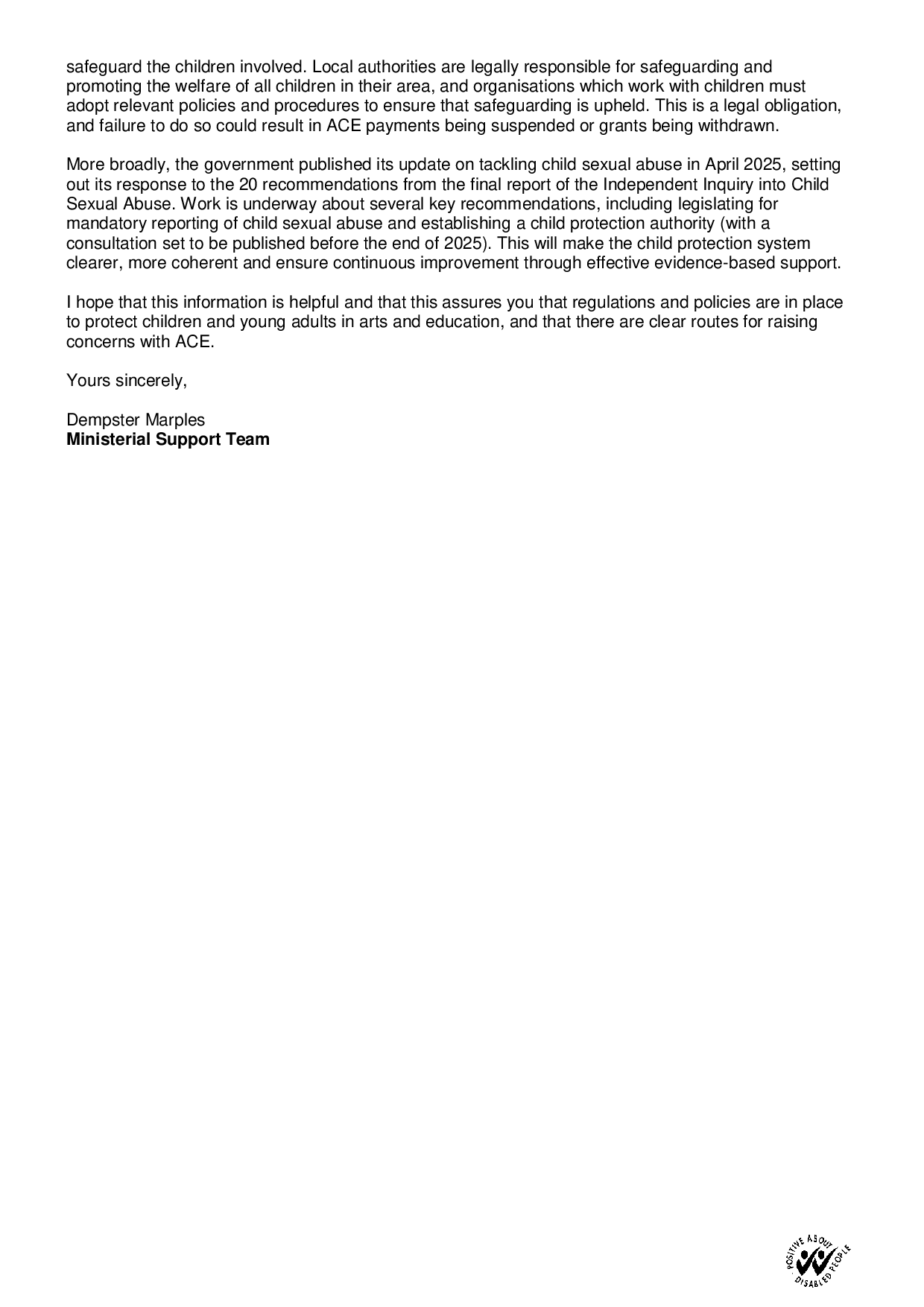 Page 2 of 2 — letter from Dempster Marples, Ministerial Support Team dated 21 November 2025